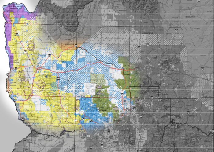 a land management map of Northwest Arizona with Dirt Road Real Estate's range highlighted.