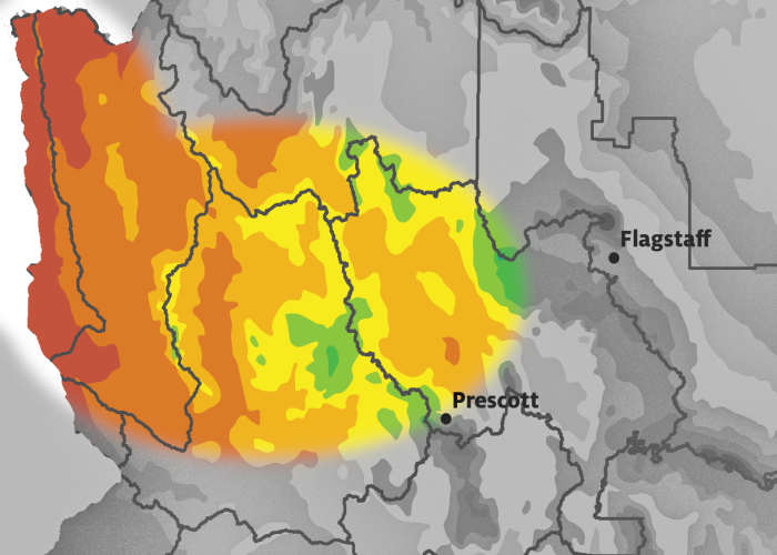 an average precipitation map of Northwest Arizona with Dirt Road Real Estate's range highlighted.