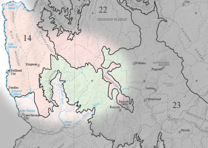 an ecological region map of Northwest Arizona with Dirt Road Real Estate's range highlighted.
