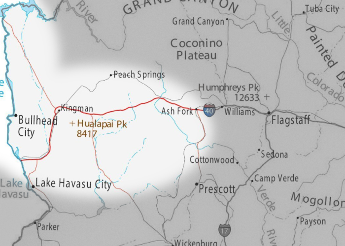 a road map of Northwest Arizona with Dirt Road Real Estate's range highlighted.